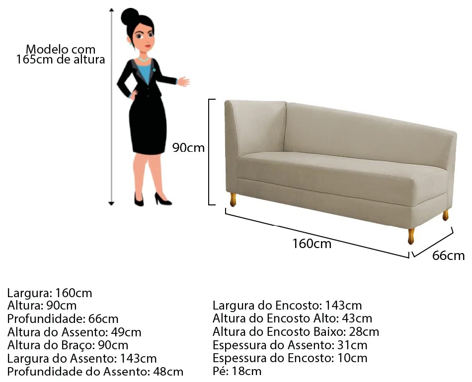 Recamier Valéria 160cm Lado Esquerdo Suede Bege - ADJ Decor
