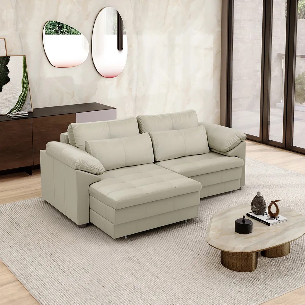 Sofá Retrátil Manual Sala de Estar Nolan Bipartido 175cm Conforto Premium em Couro OffWhite G58 - Gran Belo