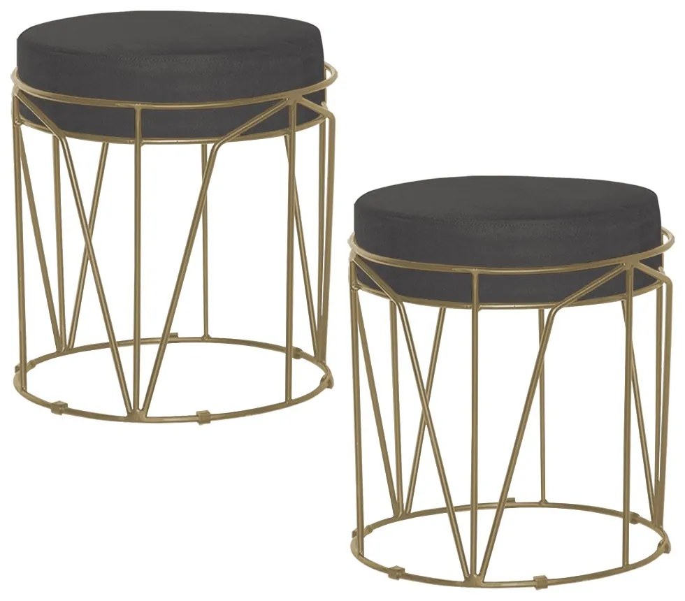 Kit 2 Puffs Decorativo Sala de Estar Base Gold Chloe Suede Cinza G41 - Gran Belo