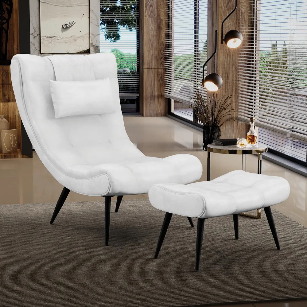 Poltrona Sala Decorativa e 01 Puff Sher Pé Palito Ferro Sintético PU D03 - D'Rossi - Branco