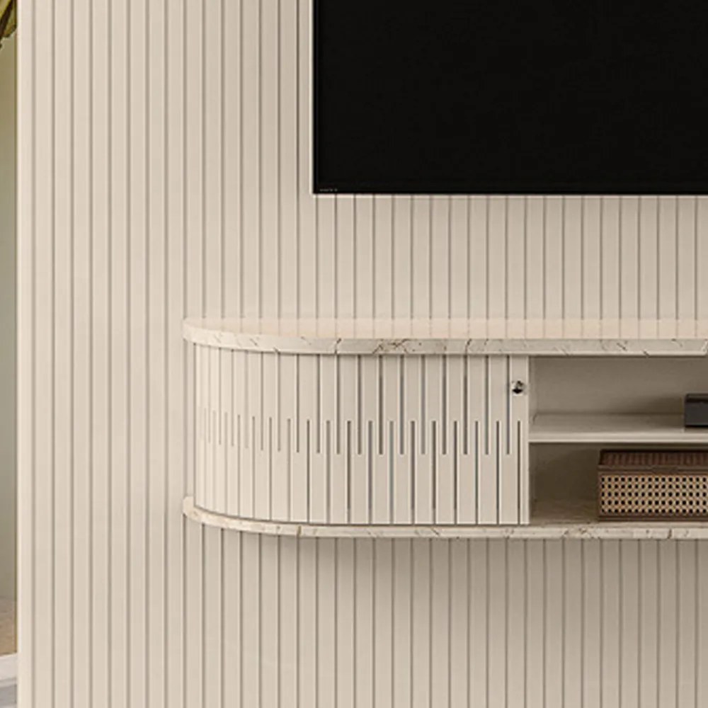 Painel TV 75 Pol 238cm Kalven e Bancada Suspensa Aurenzo M20 - D'Rossi - Calacata(brilho)/Off White(brilho)