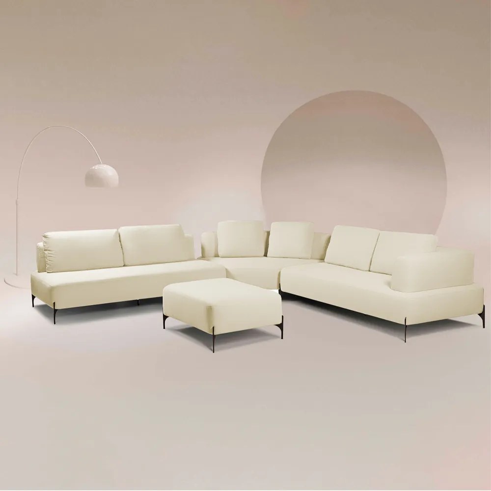 Sofá Modulado Sala de Estar 455cm Marino de Canto Pés de Ferro com Almofadas Linho Off White G92 - Gran Belo