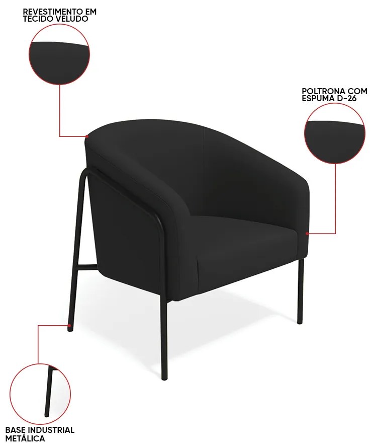 Poltrona Sala Industrial Alta Preto Stella Veludo D03 - D'Rossi - Preto