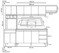 Cozinha Modulada 5 Peças Balcão com Pia 160cm Andréia Branco - AJL Móv