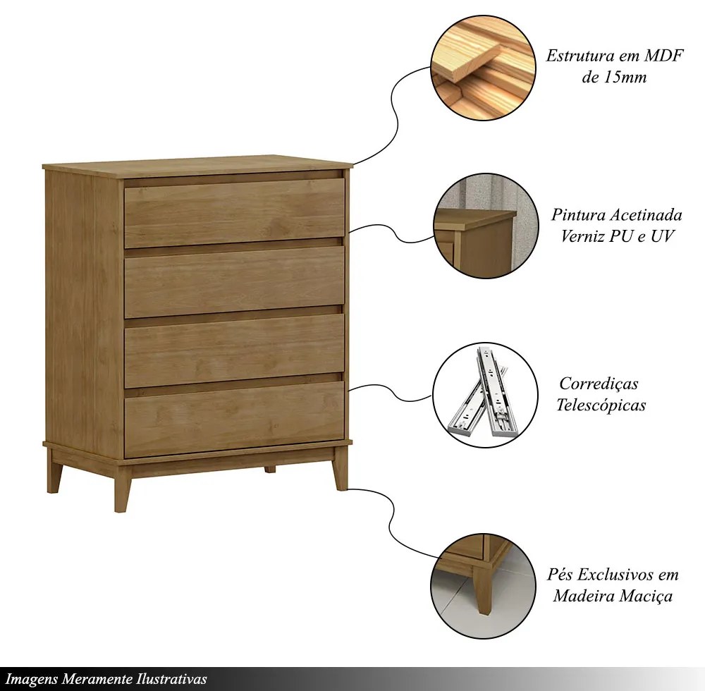 Cômoda Decorativa MDF Cullen 4 Gavetas Freijó - G74 - Gran Belo