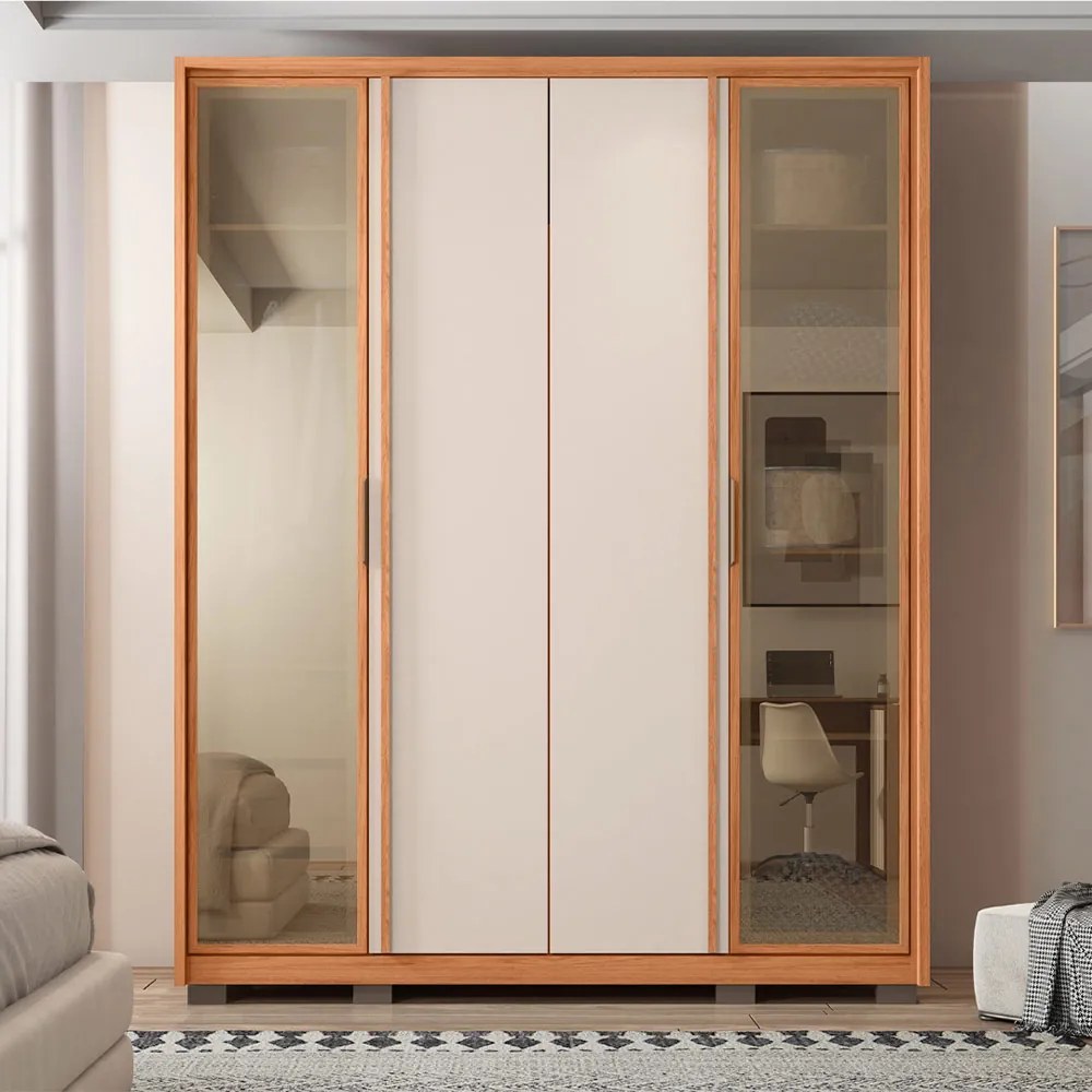 Guarda Roupa Solteiro Lume com 4 Portas e 3 Gavetas MDF Freijo/OffWhite G11  Gran Belo