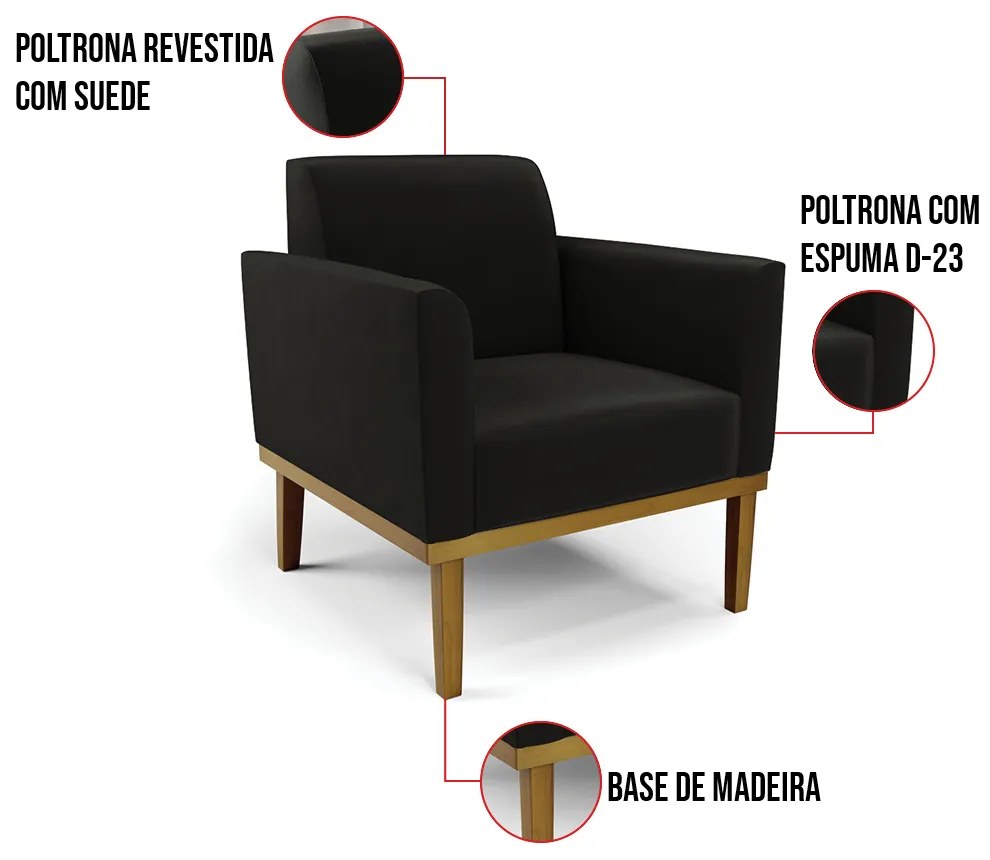 Kit 2 Poltronas Base de Madeira Fixa Castanho Marisa Suede D03 - D'Rossi - Preto