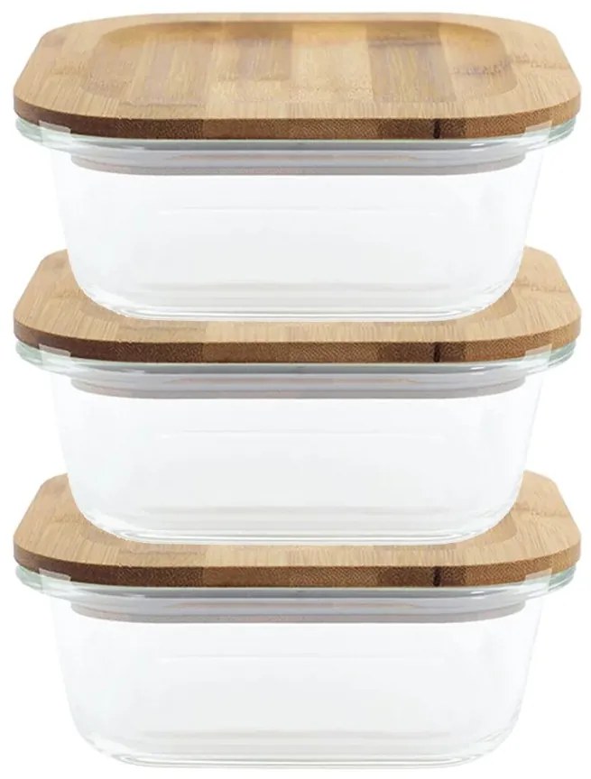 Kit com 3 Potes de vidro com tampa de bambu - 800 ml Quadrado achatado