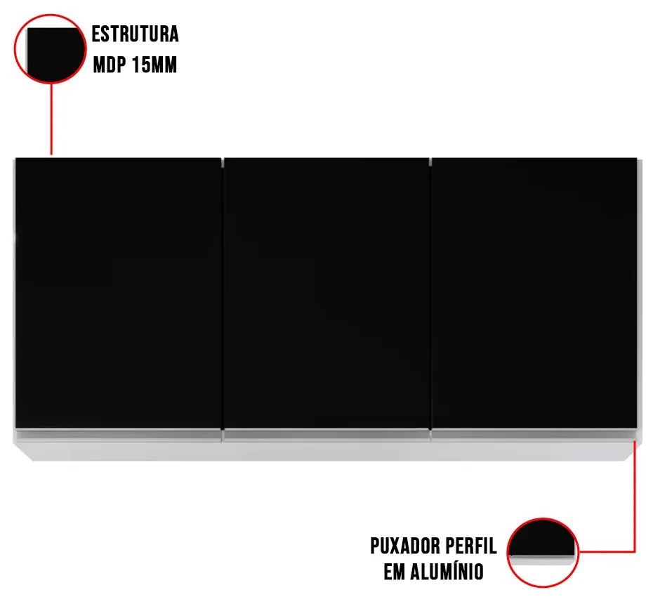 Armário Aéreo de Cozinha Lavanderia 03 Portas Tina 120 cm L06 - D'Rossi - Branco e Preto