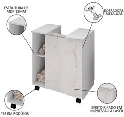 Gabinete Para Banheiro 55cm 1 Porta Com Rodízios Pequin Branco/Carrara