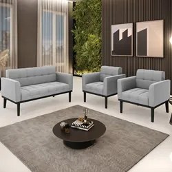 Sofá Namoradeira e 2 Poltronas Base Madeira Preto Ana Suede Cinza - Ib