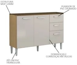 Balcão de Cozinha para Pia 120cm 3 Portas 2 Gavetas Livy Z46 Damasco/O