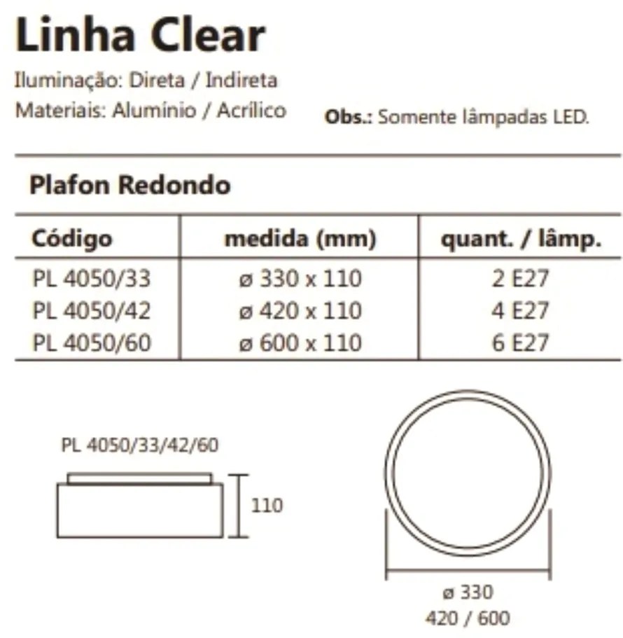 Plafon De Sobrepor Redondo Clear Ø42X11Cm 4Xe27 / Metal E Acrilico | U... (GF-M Grafite Metálico)