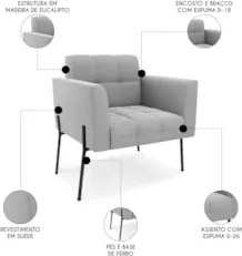 Poltrona Para Sala Pé Metal Preto Kit 2 Ana Suede Cinza - Ibiza