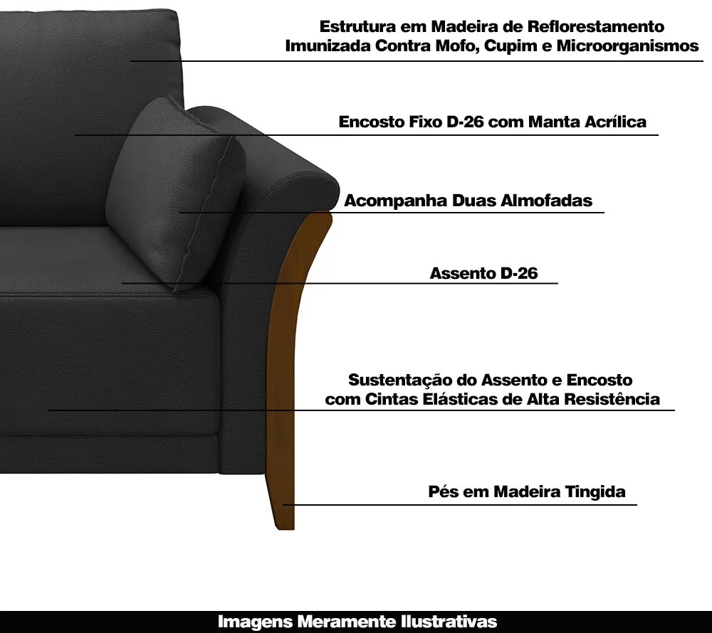 Sofá Decorativo 3 Lugares 222cm Market PU Preto G45 - Gran Belo