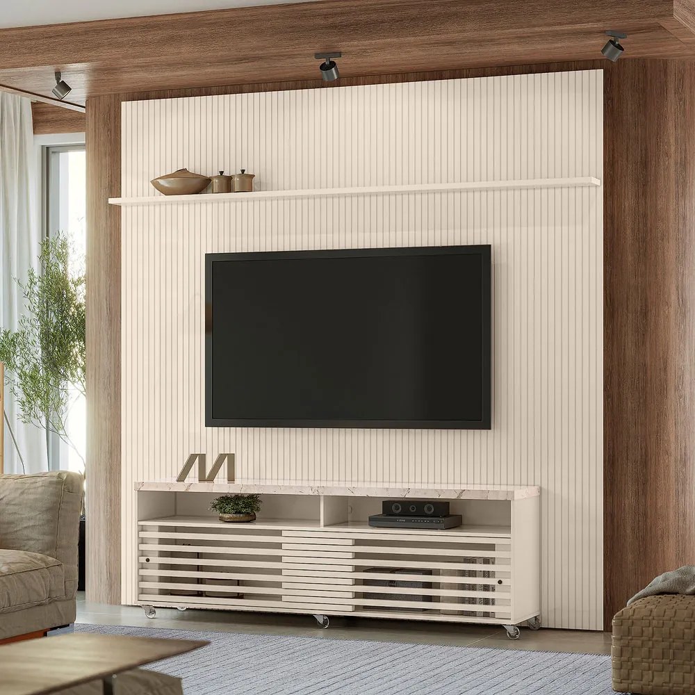 Painel TV 75 Pol 238cm Ripado Kalven com Rack Bancada Nerion Calacata/Off White M20 - D'Rossi