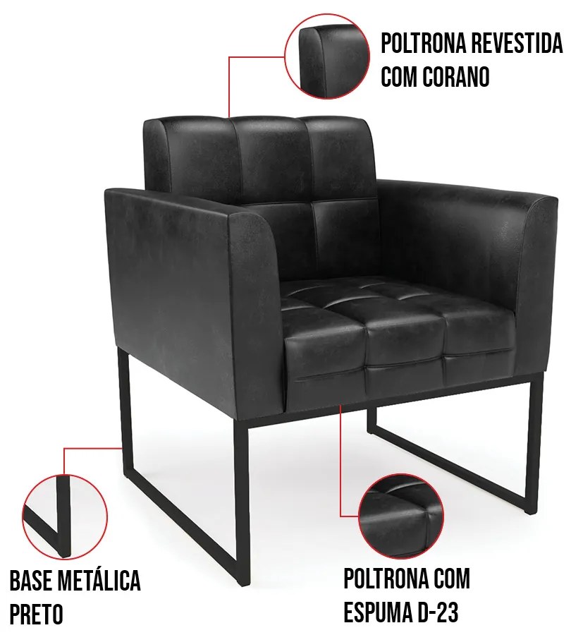 Kit 1 Sofá Namoradeira e 1 Poltrona Elisa Corano Base Metálica Industrial Preto D03 - D'Rossi - Preto