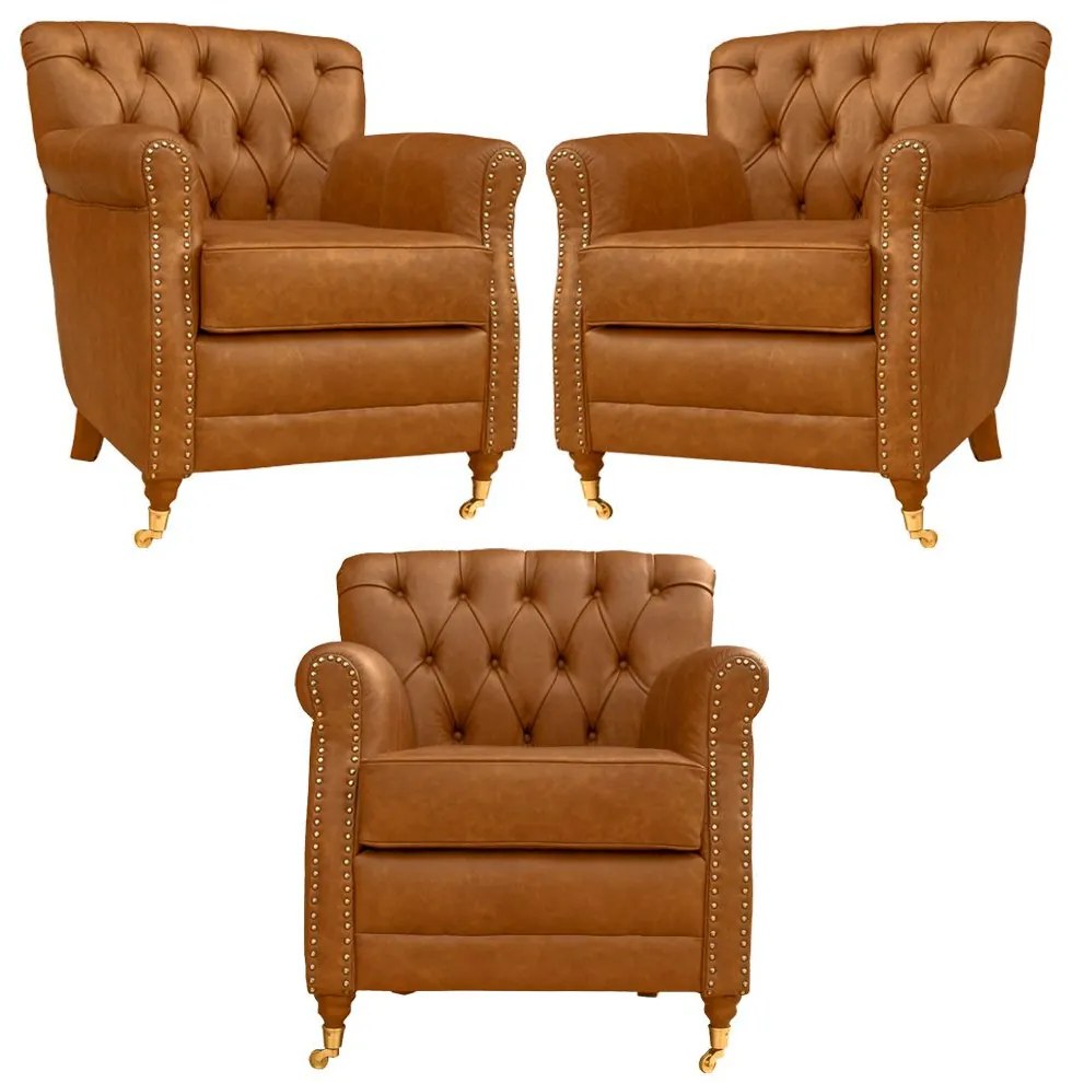 Kit 03 Poltronas Decorativas Sala de Estar Níger Pés Príncipe Couro Mel G58 - Gran Belo