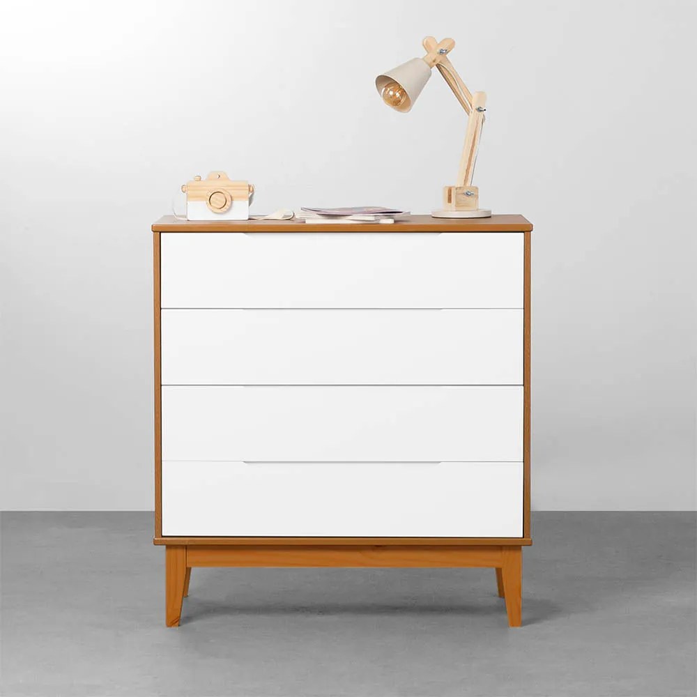 Cômoda Elfe 4 Gavetas com Pés Square Mel – Branco Fosco e Savana