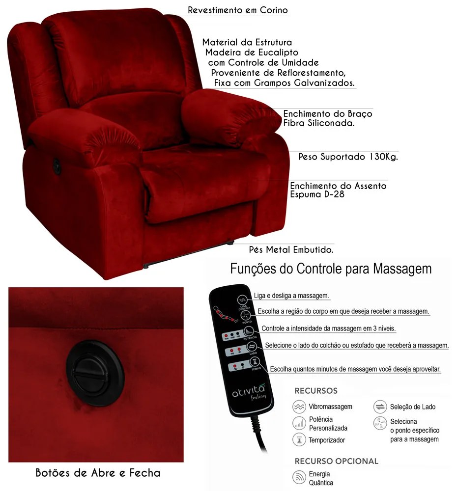Poltrona do Papai Reclinável Elétrica com Massagem Magnum Veludo Vermelho G23 - Gran Belo