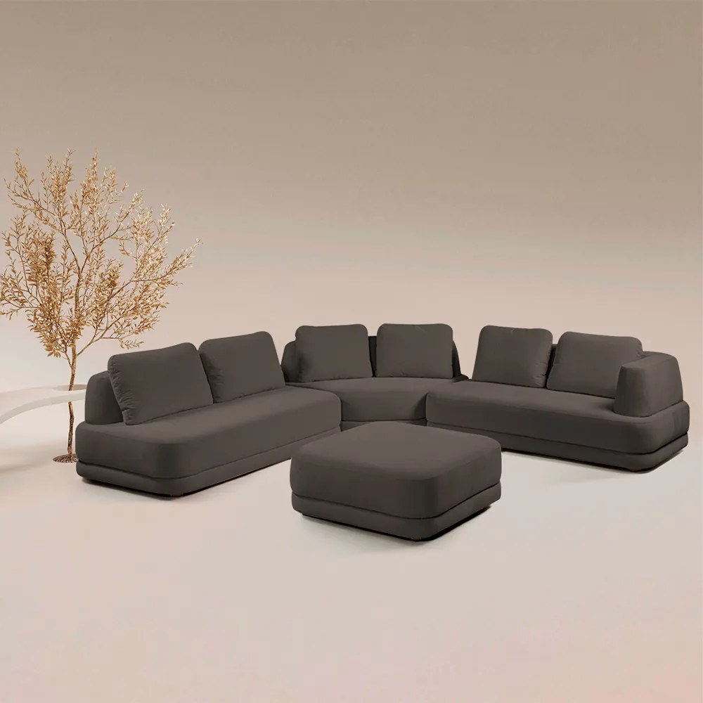 Sofá de Canto Modulado Vercelli 602cm com Almofadas Soltas e Puff Veludo Luxo Marrom G92 - Gran Belo