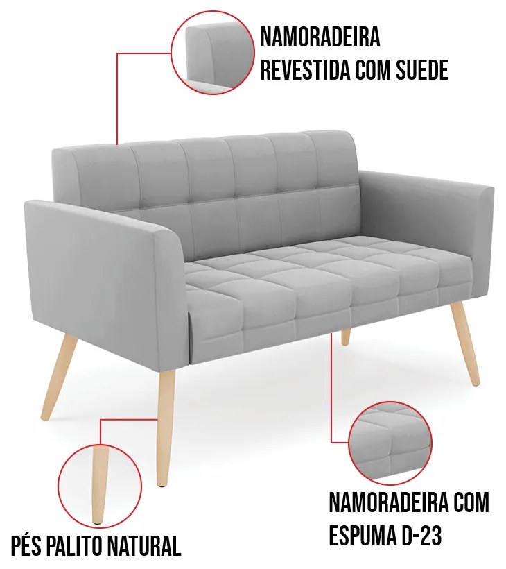 Kit 1 Sofá Namoradeira e 1 Poltrona Elisa Suede Pés Palito Natural D03 - D'Rossi - Cinza