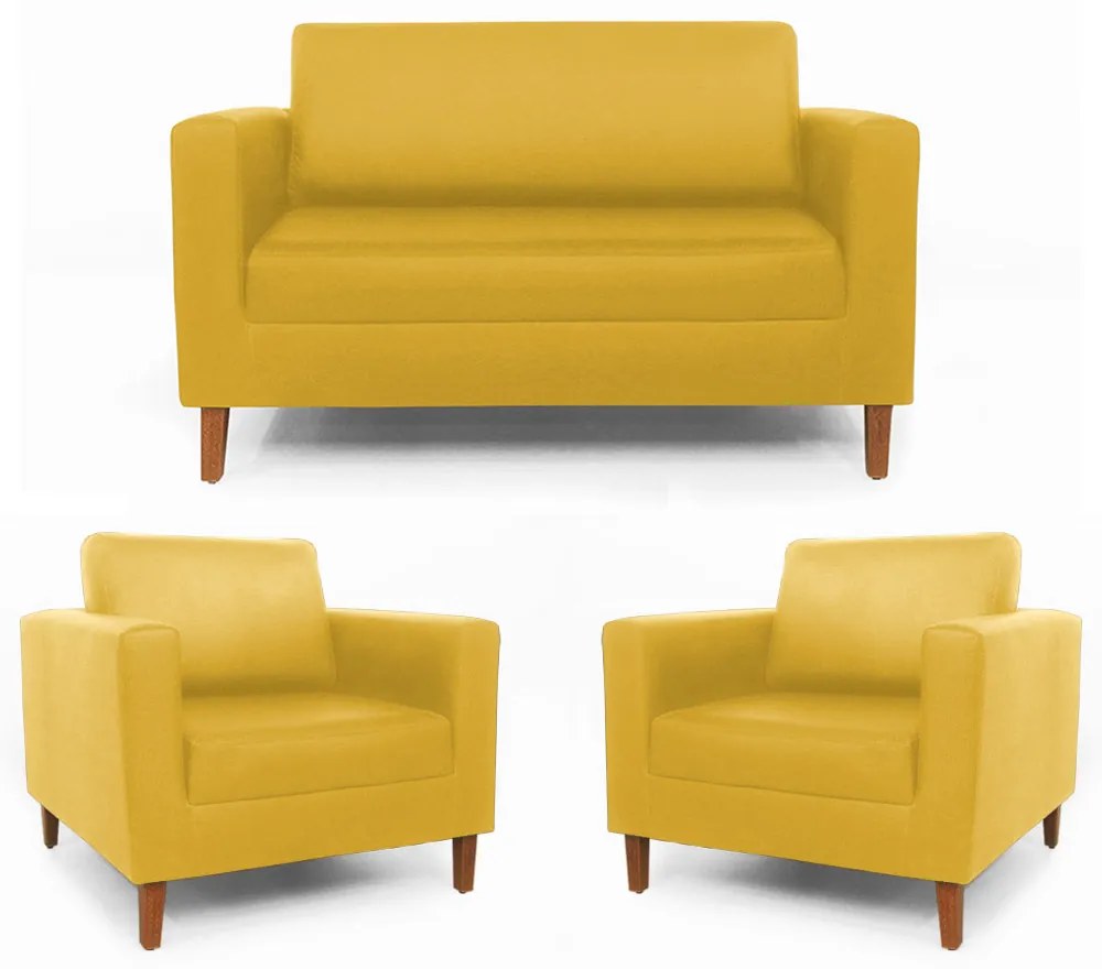 Conjunto Namoradeira + 2 Poltrona Gabriela Suede Amarelo