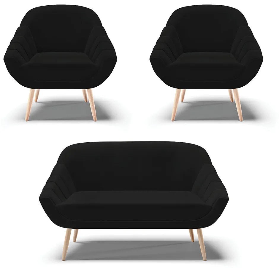 Kit 01 Namoradeira 02 Lugares e 02 Poltronas Giovana Linho Pés Palito Natural - Indo Decorar - A79 Preto