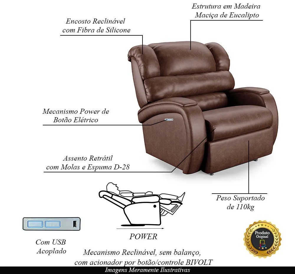 Poltrona do Papai Sala de Cinema Reclinável Kylie Elétrica Botão com Led USB PU Marrom Brilho G23