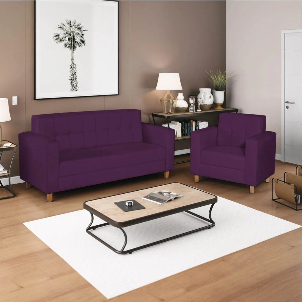 Kit Sofá 2 Lugares e 2 Poltronas Denver Suede Roxo - ADJ Decor