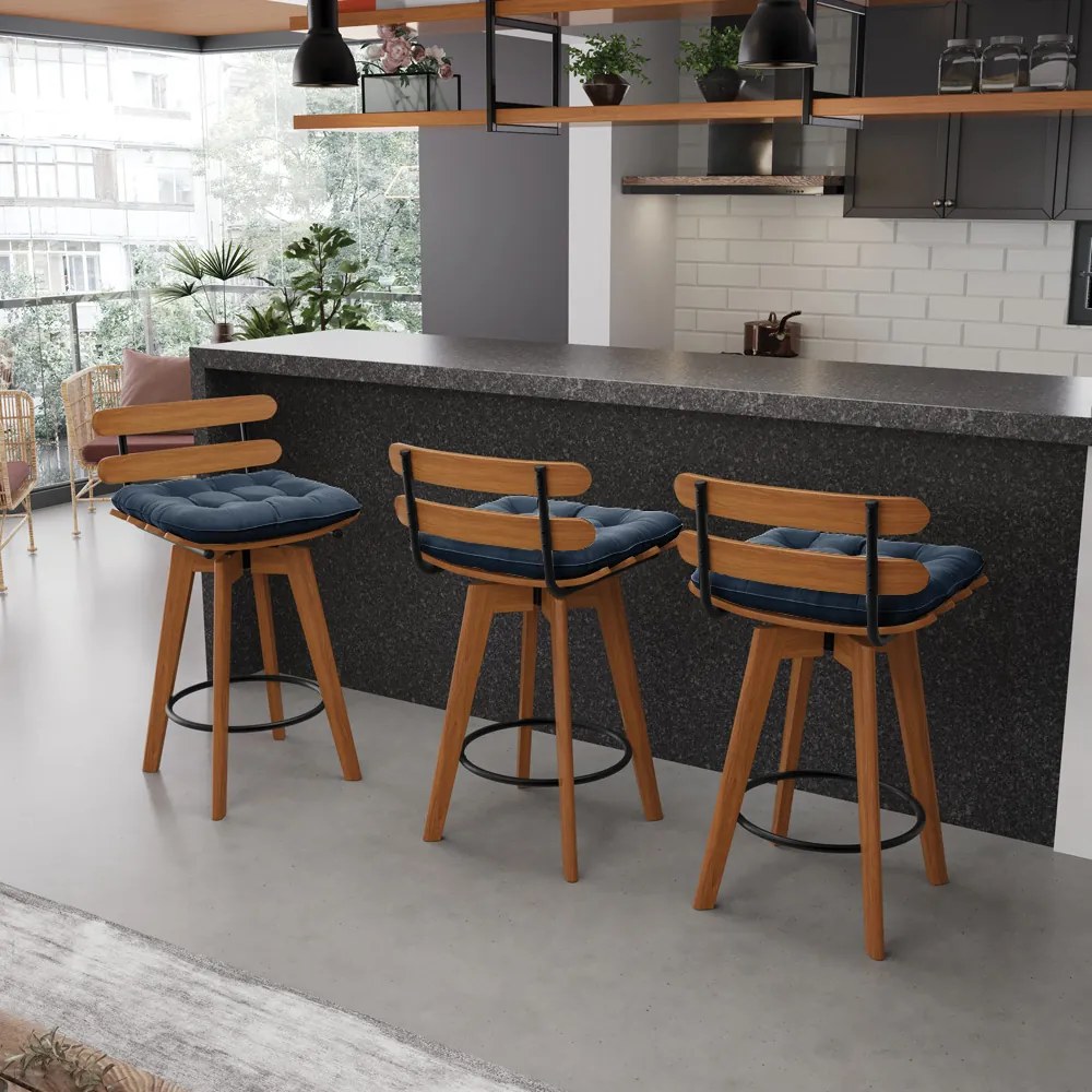 Banqueta Giratória Costela Suede Base Madeira MA70 - D'Rossi - Azul Marinho