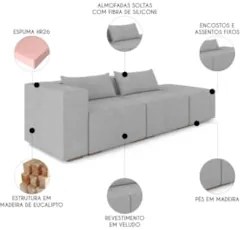 Sofá 5 Lugares 363cm Com Puff Direito Fay Veludo Cinza Z55 - Mpozenato