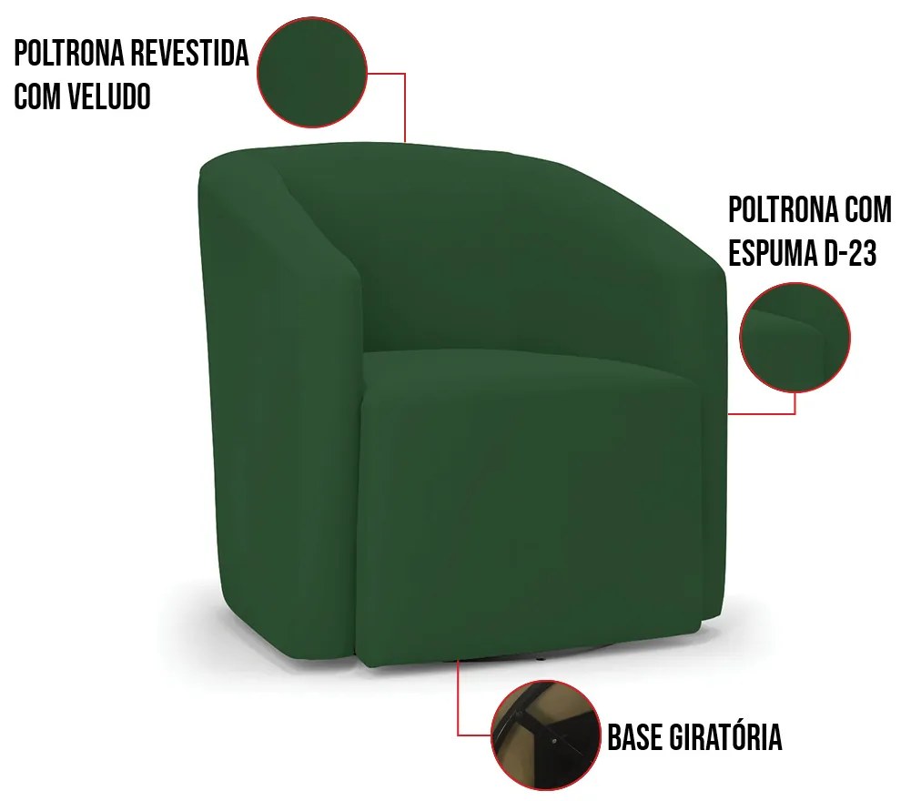 Poltrona Decorativa Base Giratória Kit 2 Stella Max Veludo D03 - D'Rossi - Verde
