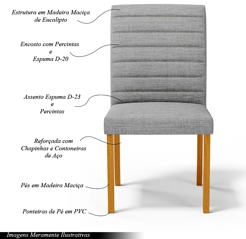 Kit 5 Cadeiras de Sala de Jantar Estofadas Veiga Madeira Maciça Linho Cinza G78 - Gran Belo