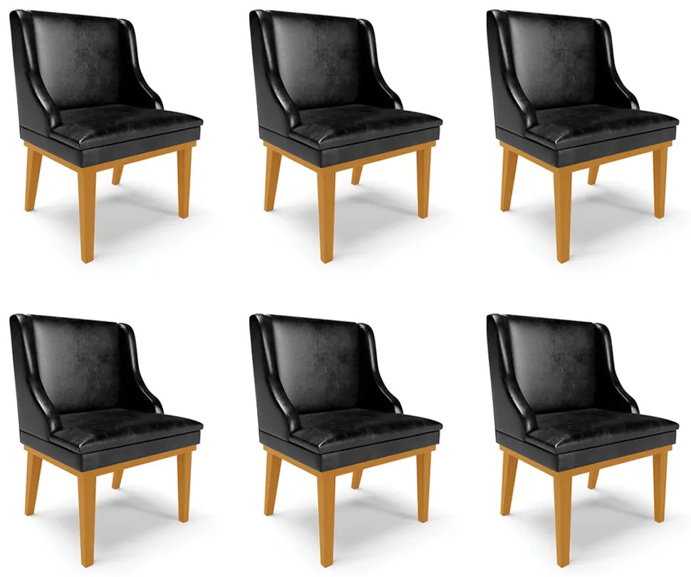 Kit 6 Cadeiras Decorativas Sala de Jantar Base Fixa de Madeira Firenze PU Preto Brilho/Castanho G19 - Gran Belo