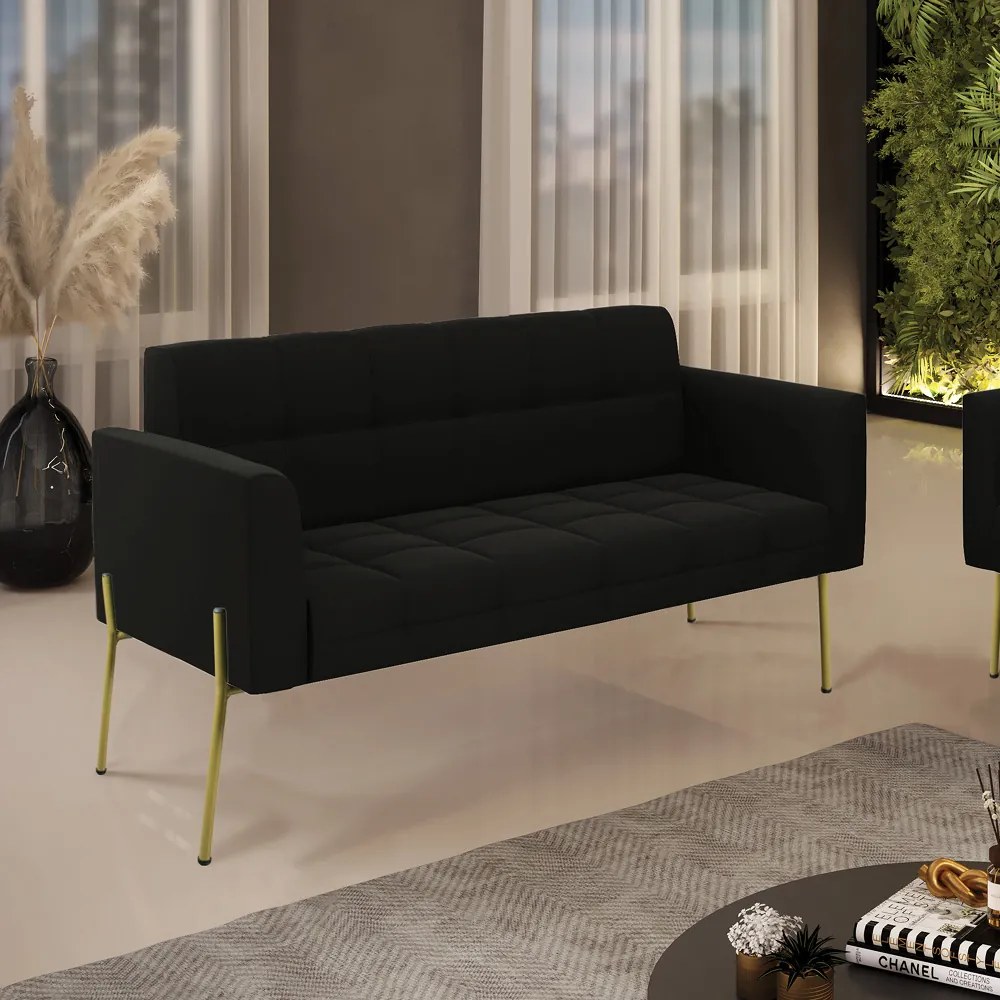 Sofá Namoradeira 2 Lugares Pé de Ferro Dourado Elisa Suede D03 - D'Rossi - Preto