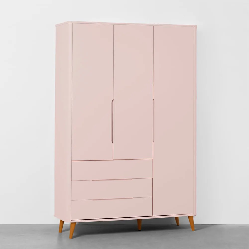 Guarda-Roupa Boom 3 Portas e 3 Gavetas com Pés Retrô Mel - Rosa Fosco