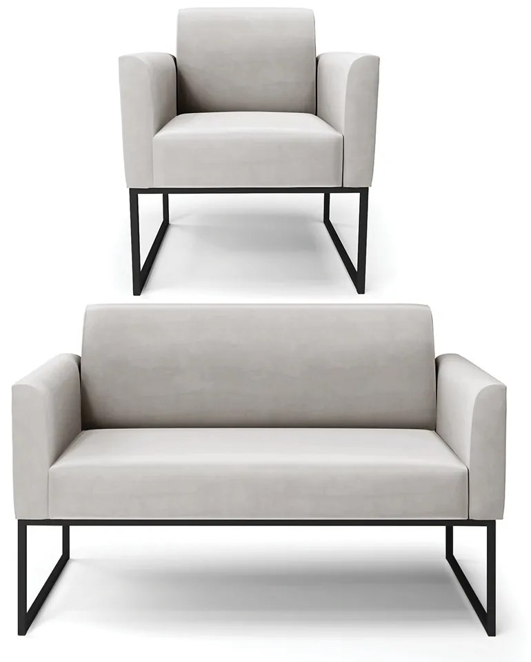 Sofá Namoradeira com Poltrona Base Industrial Preto Marisa Veludo D03 - DRossi - Cinza