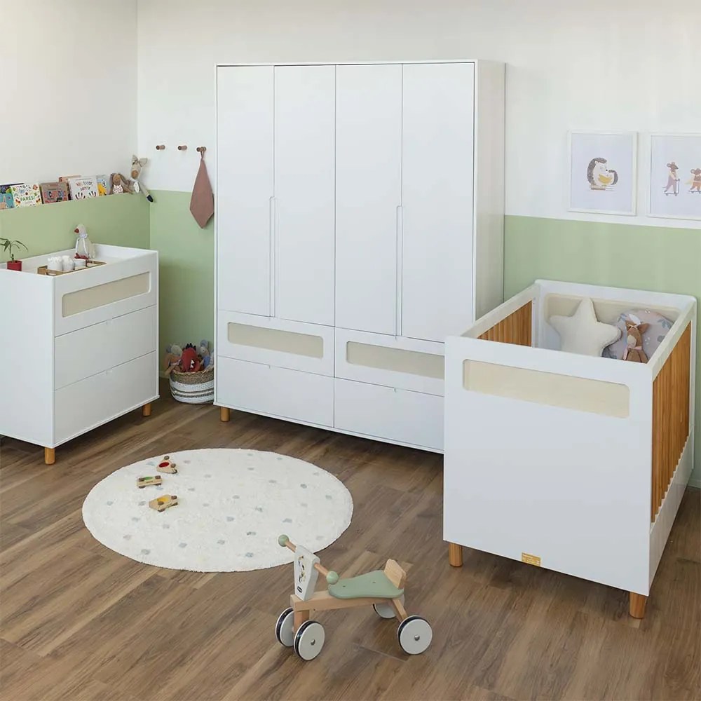 Kit Quarto Infantil Ollie - Berço Mini Cama + Cômoda 4 Gavetas + Guarda-Roupa 4 Portas - Branco Fosco