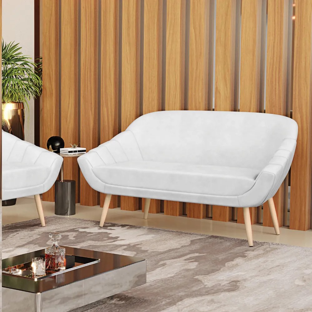 Namoradeira 02 Lugares Giovana Corano Branco Pés Palito Natural - Indo Decorar