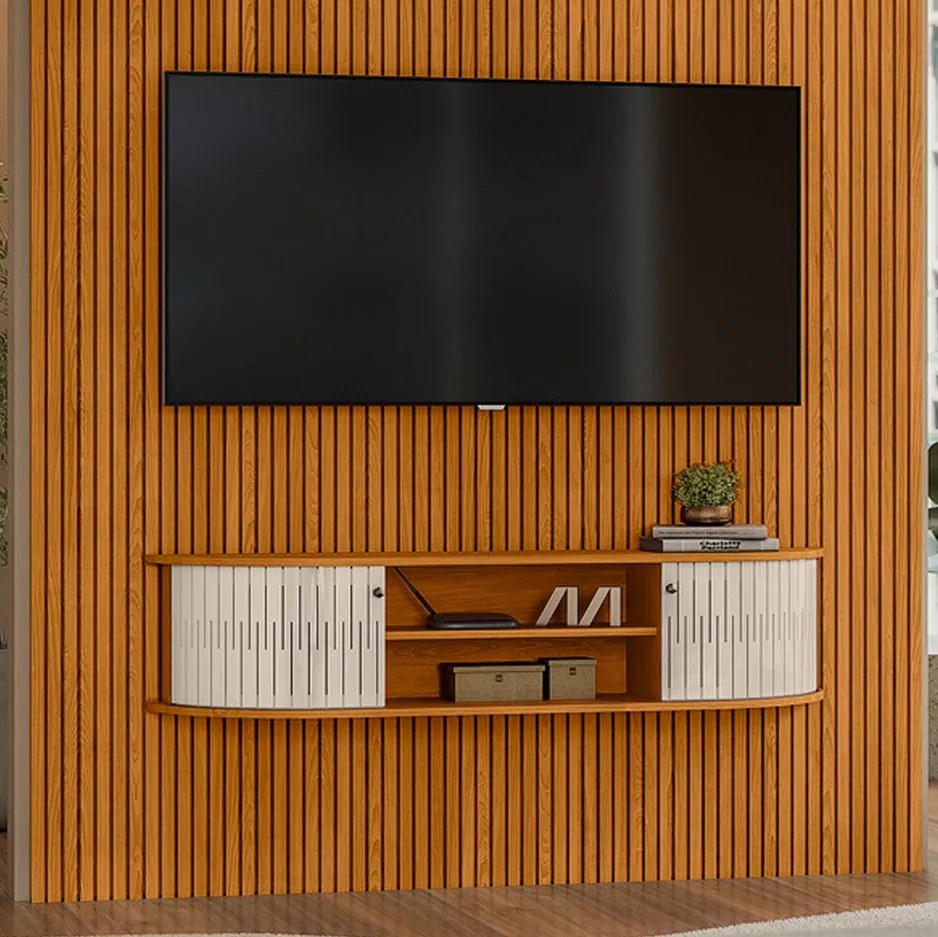 Painel TV 65 Pol 179cm Ripado Valen e Bancada Suspensa Norezi Cinamomo/Off White M20 - D'Rossi
