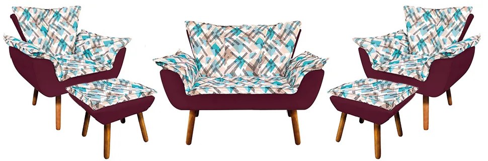 Kit 01 Namoradeira com 02 Poltronas e 02 Puffs Opala Composê Suede com Estampado Traçado Azul D33 Pés Palito Castanho - Vinho