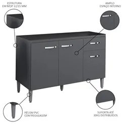 Balcão Gabinete Para Pia Sem Tampo 120cm 3 Portas e 1 Gaveta Gabriela