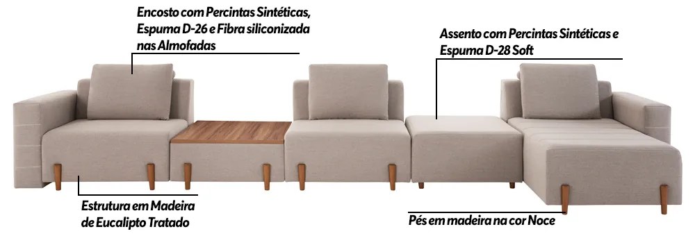 Sofá Decorativo Pierre 5 Módulos Linho Bege/Noce G66 - Gran Belo