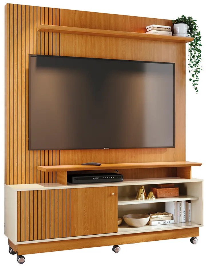 Estante de TV 65 Pol 160cm com Rodízio para Sala Quirel M20 - D'Rossi - Cinamomo e Off White