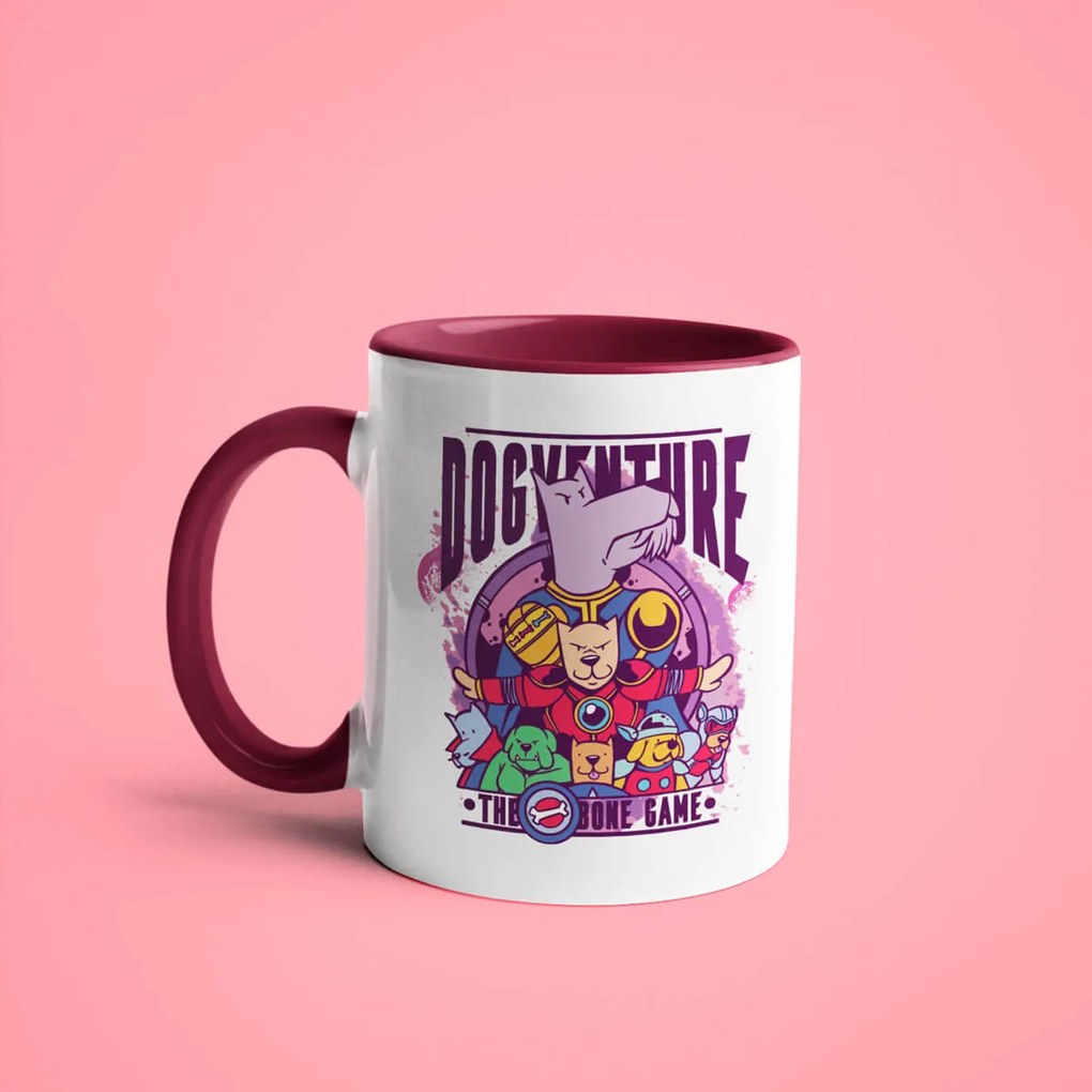 Caneca Dogventure Vingadores Dog Bone Game Geek Nerd Branca com Alça Vinho