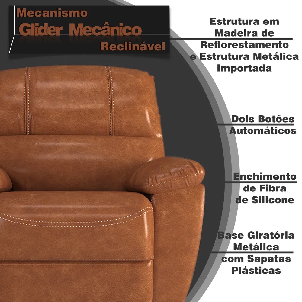 Poltrona do Papai Reclinável Giratória Armênia Glider Mecânico Couro Caramelo G40 - Gran Belo