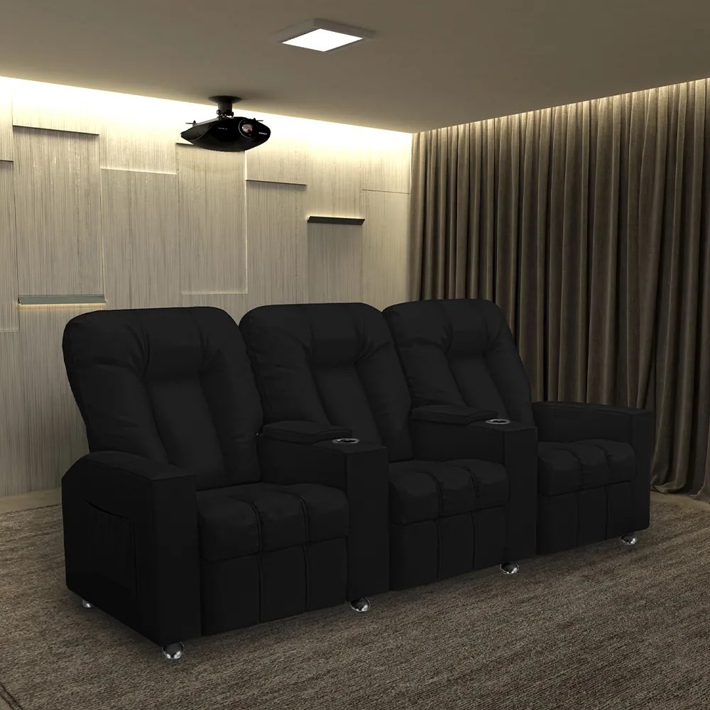 Poltrona Reclinável 3 lugares para Sala de Cinema Pequim PU Preto G23 - Gran Belo
