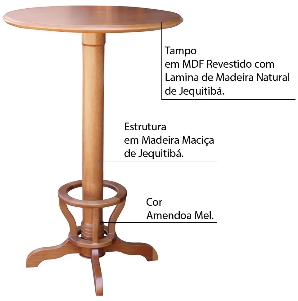 Mesa Bar Redonda com Suporte para pés Madeira Maciça Adan Amêndoa Mel G36 - Gran Belo