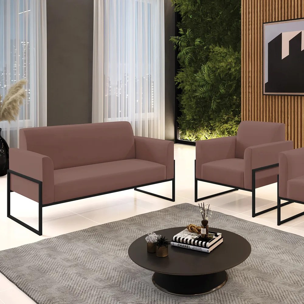 Sofá Namoradeira com Poltrona Base Industrial Alta Preto Marisa Veludo D03 - D'Rossi - Rose